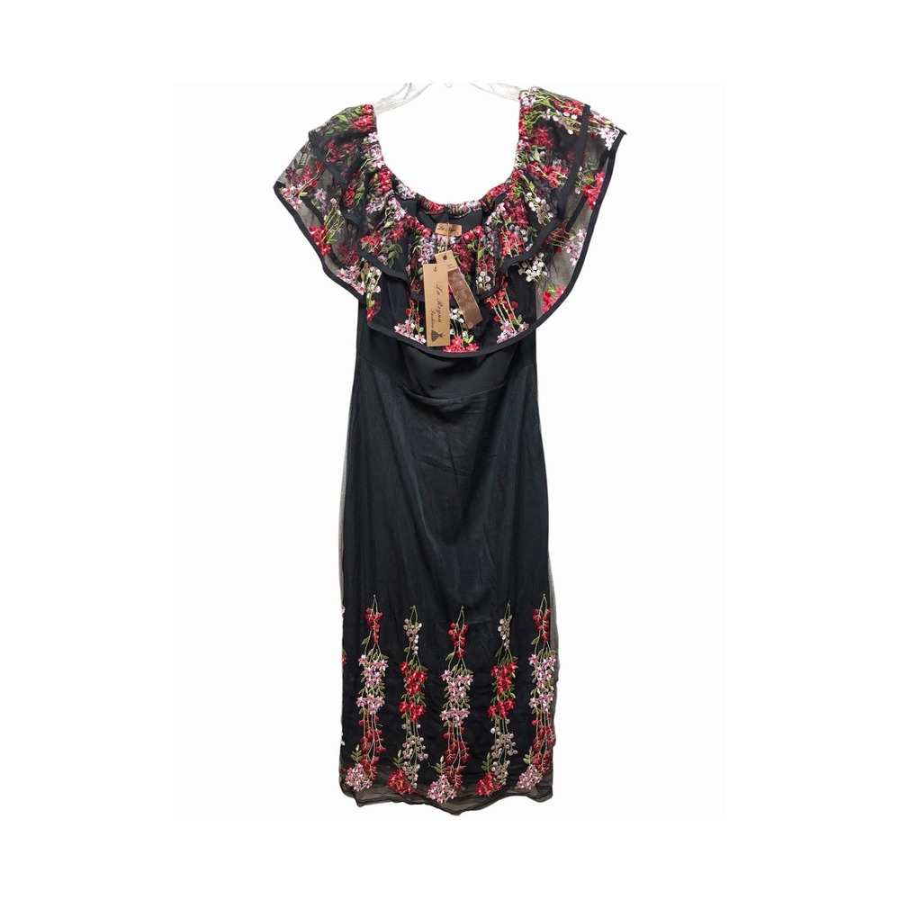 La Reyna Black Floral Embroidered Mesh Ruffle Sheath Midi Dress Size S